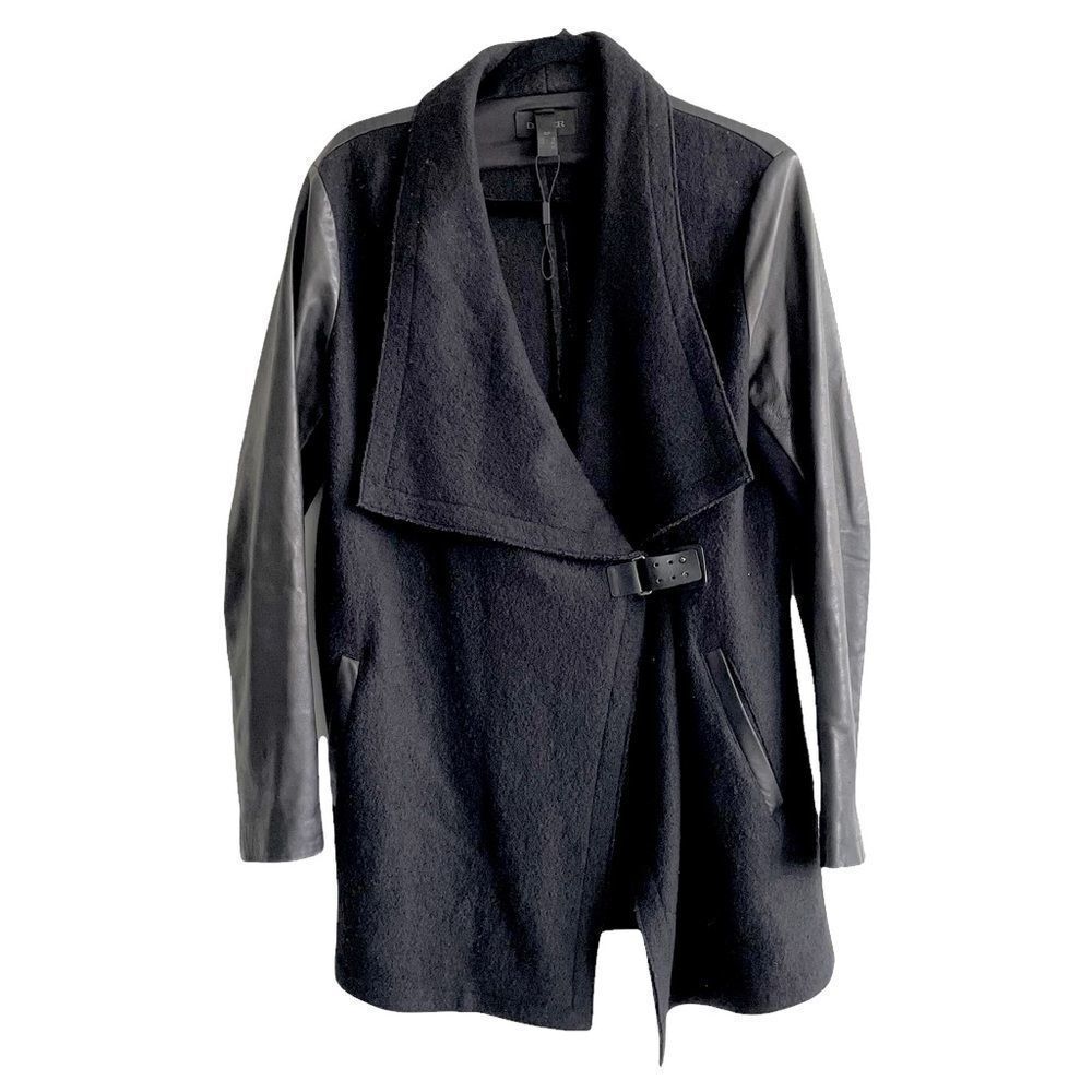 DANIER Wool Leather Waterfall Wrap Asymmetrical Jacket Coat Black S